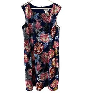 Northstyle Navy Blue Watercolor Floral Sleeveless‎ Zip Stretchy Midi Dress 16